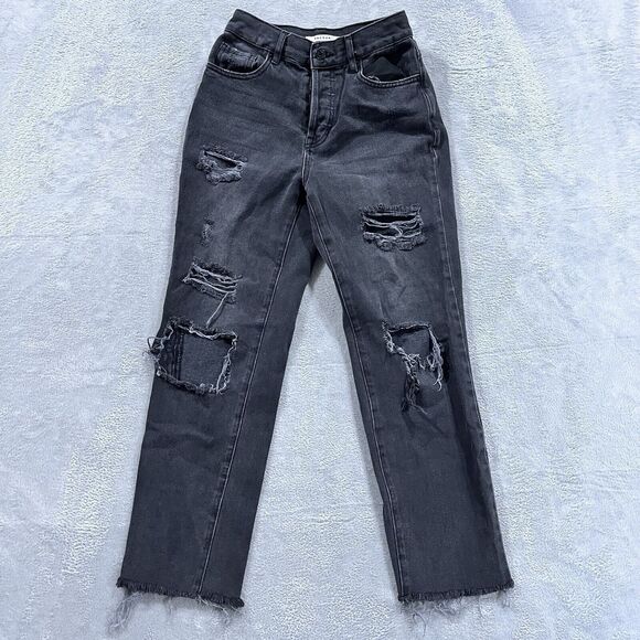 Pacsun Jeans High Rise Straight‎ Button Fly Distress 24 Black Womens Raw Hem - Picture 1 of 11